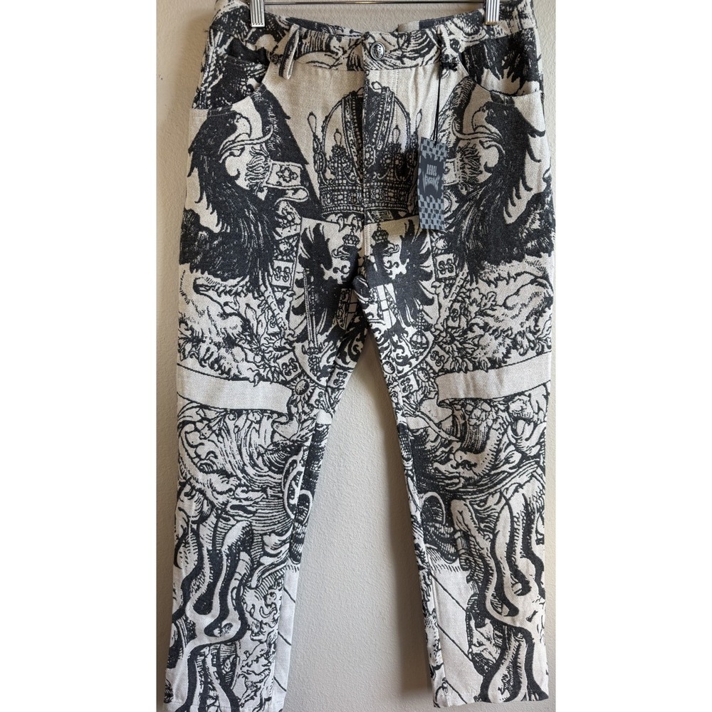 Rebel Mens 34x31 Black/White Graphic Skull Cargo Pants Button Pockets Flat Front